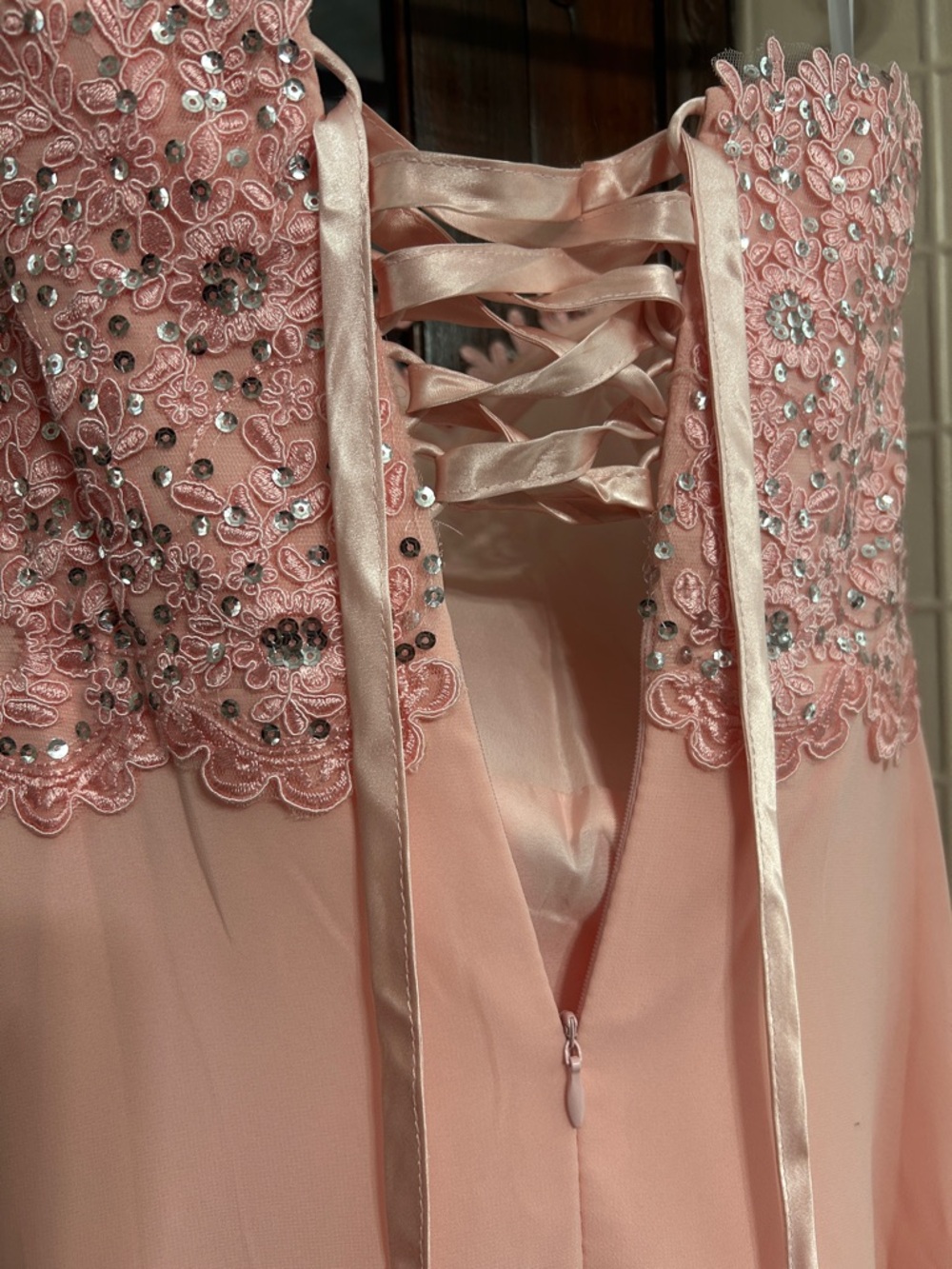Prom: Strapless Blush Pink Beaded Lace Prom Gown - corset back NWT - Picture 8 of 9